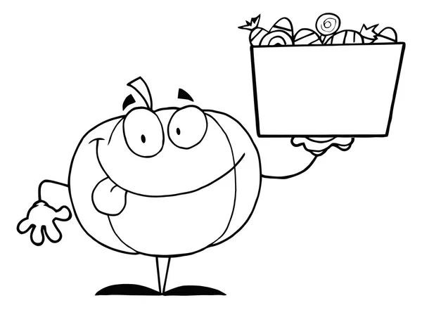 Coloring Page Outline Jackolantern Holding Bin Halloween Candy — Stock Photo, Image