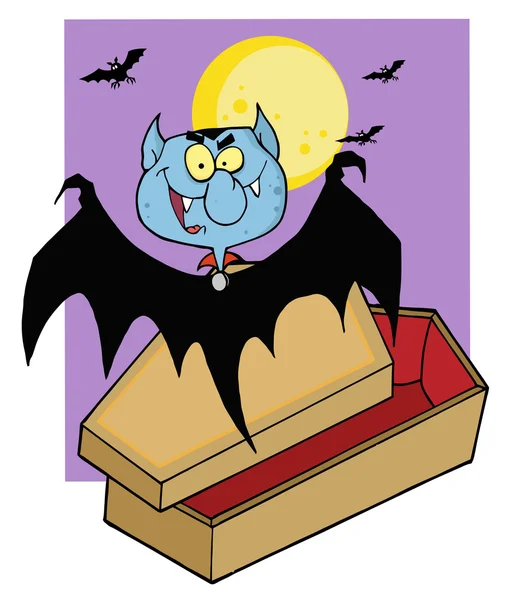 Murciélago vampiro flotando sobre un ataúd contra una luna llena — Foto de Stock