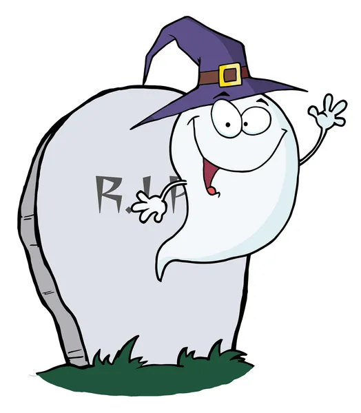 Fantasma Lindo Halloween Usando Sombrero Bruja Púrpura Saludando Por Una —  Fotos de Stock