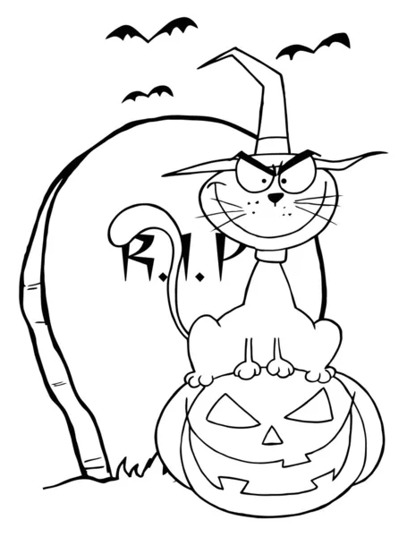 Coloring Page Outline Cat Wearing Witch Hat Sitting Pumpkin Tombstone — Stock Photo, Image