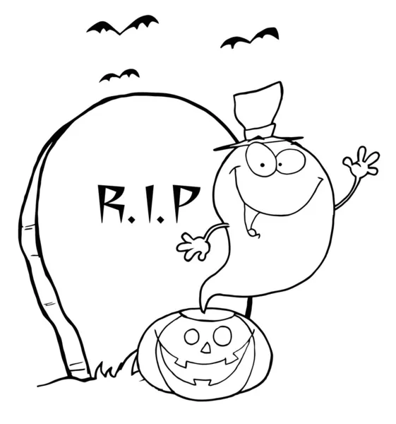 Coloring Page Outline Halloween Ghost Wearing Witch Hat Waving Pumpkin — Stock Photo, Image
