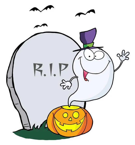 Cute Halloween Ghost Wearing Witch Hat Waving Pumpkin Tombstone — Stock Photo, Image