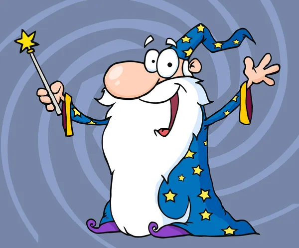 快乐老向导的明星的长袍 举起他的魔杖在蓝色漩涡 — 图库照片
