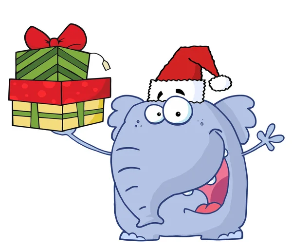 Рождественский Слон Шляпе Санта Клауса Подарками — стоковое фото
