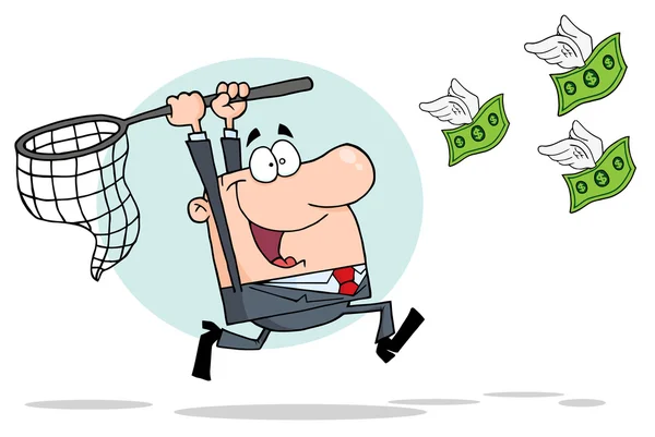 White Businessman Chasing Flying Money Net Blue Circle — Stock Photo, Image