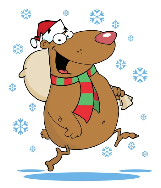快乐圣诞老人熊跑与雪中袋 — 图库照片