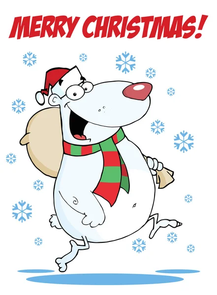 过去一只北极熊背着袋子的快乐圣诞祝福 — 图库照片