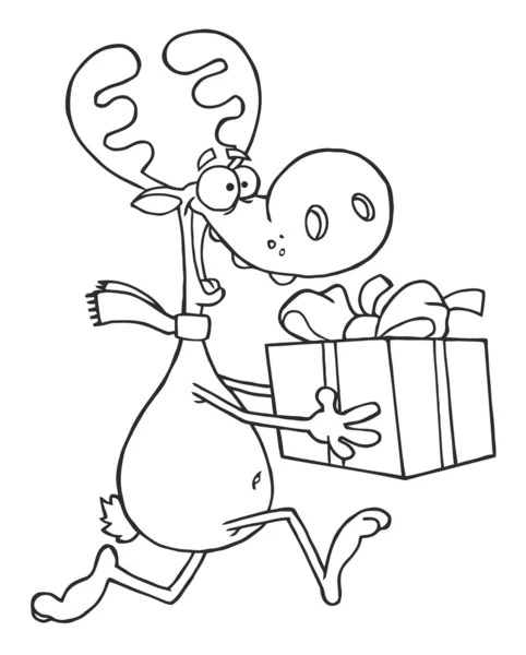 Coloring Page Outline Christmas Reindeer Running Gift — Stock Photo, Image
