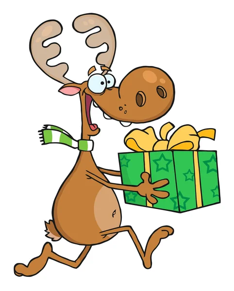 Happy Reindeer Runs With Bag — Stock Photo, Image