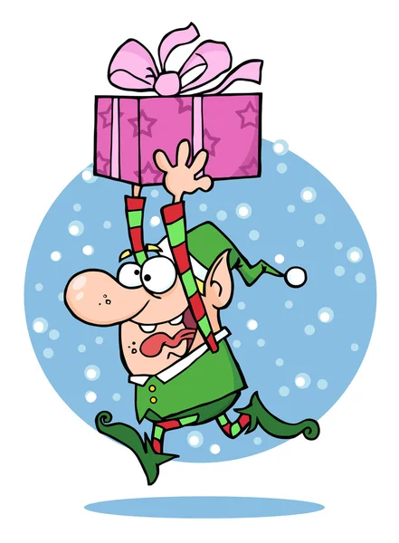 Gelukkig Kerstmis Elf Uitgevoerd Sneeuw Met Een Cadeau — Stockfoto