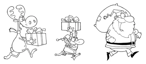 Coloring Page Outline Reindeer Elf Carrying Christmas Presents Santa — Stock Photo, Image