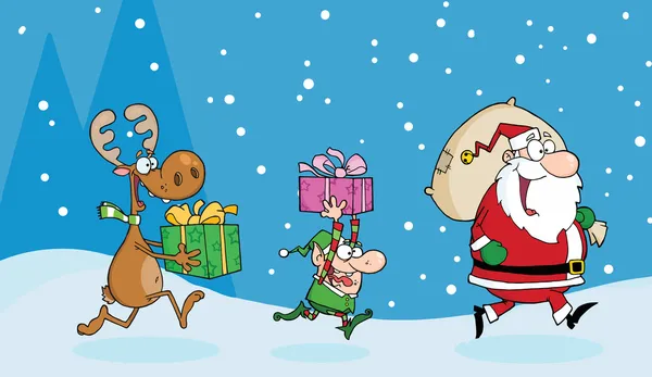 Renos Elfos Llevando Regalos Navidad Nieve Detrás Santa Claus — Foto de Stock