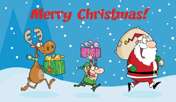 Boldog karácsonyi üdvözlőlap-elf, rénszarvas, santa claus — Stock Fotó