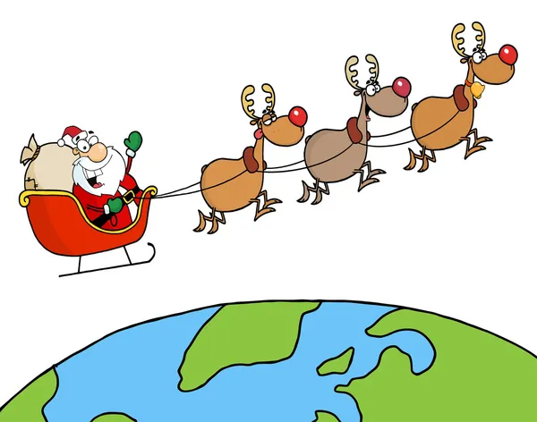 Санта розмахуючи і політ над землею — стокове фото