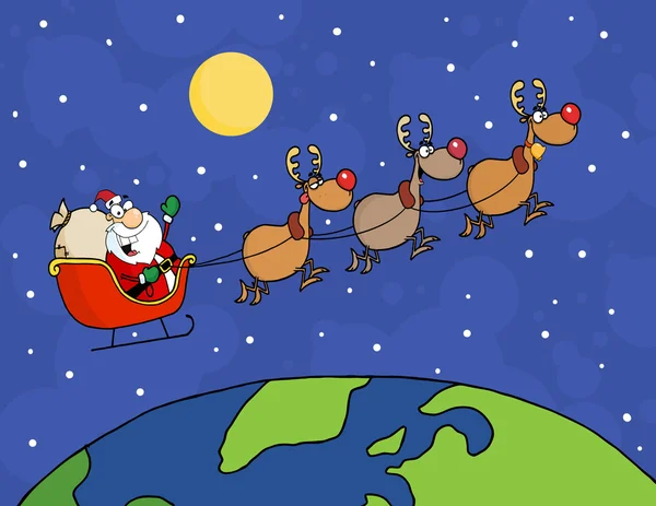 Felices Fiestas sobre Santa saludando y volando sobre la Tierra —  Fotos de Stock