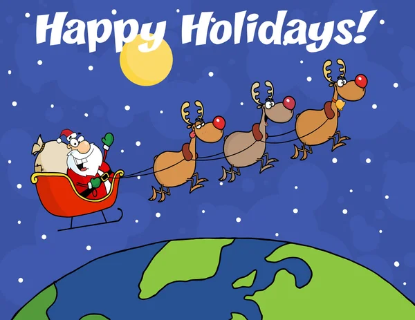 God jul hälsning med team av renar och santa — Stockfoto