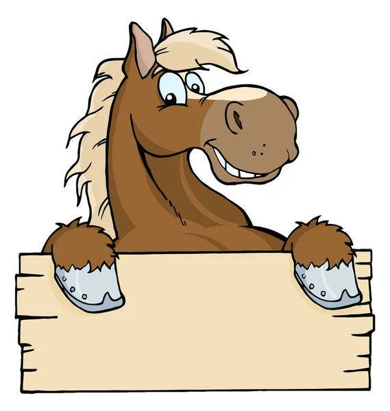 Счастливая Коричневая Лошадь Глядящая Пушистую Деревянную Вывеску — стоковое фото