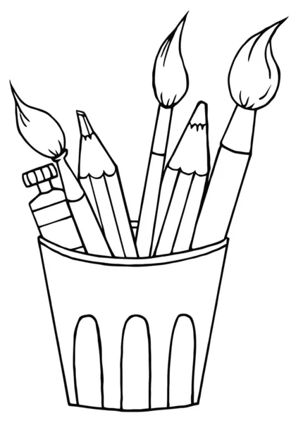 Coloring Page Outline Cup Pencils Paintbrushes — Stock Photo, Image
