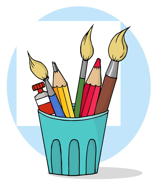 Художник горшок с карандашами и кисточками — стоковое фото