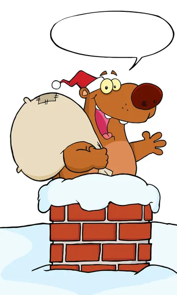 Urso Santa Feliz Acenando Uma Saudação Chaminé Com Bolha Fala — Fotografia de Stock