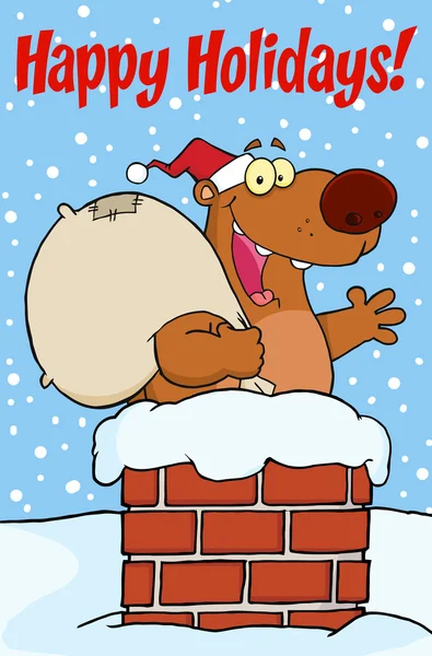 Gruß mit Weihnachtsbär, der im Schornstein winkt — Stockfoto
