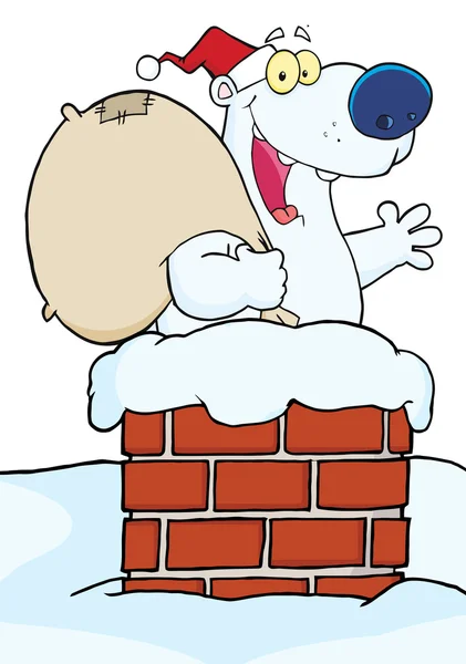 Glücklicher Weihnachtsmann Eisbär Winkt Schornstein — Stockfoto