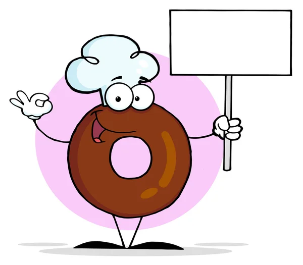 Donut Personagem Vestindo Chapéu Chef Segurando Sinal Branco — Fotografia de Stock