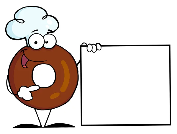 Caráter dos desenhos animados Donut apresentando um sinal em branco — Fotografia de Stock