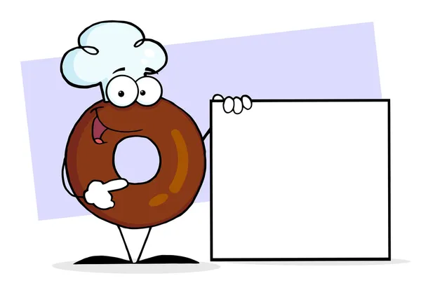 Carácter de dibujos animados de donut amistoso que presenta un signo en blanco —  Fotos de Stock