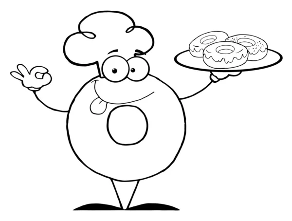 Delineato amichevole ciambella chef cartone animato personaggio holding un ciambelle — Foto Stock