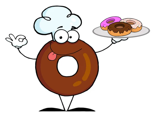 Donut Karakter Dragen Van Een Hoed Chef Kok Serveren Donuts — Stockfoto