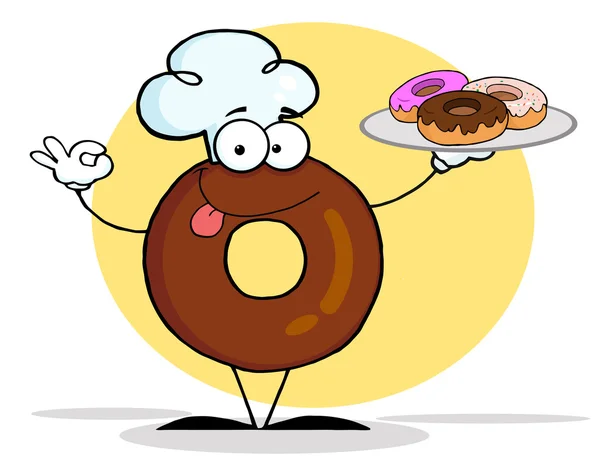 Donut personagem vestindo um chapéu de chef e servindo Donuts — Fotografia de Stock