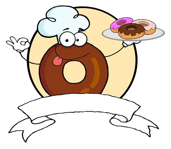 Donut Figur Trägt Kochmütze Und Serviert Donuts Über Einem Leeren — Stockfoto