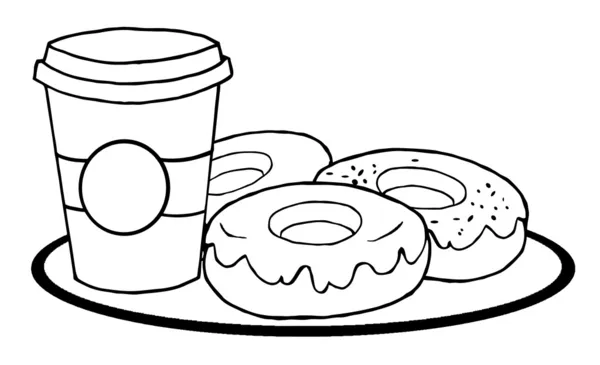 Kleuren Paginaoverzicht Van Een Kopje Koffie Een Plaat Met Donuts — Stockfoto