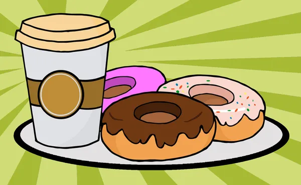 Kopje Koffie Een Plaat Met Donuts Groene Stralen — Stockfoto