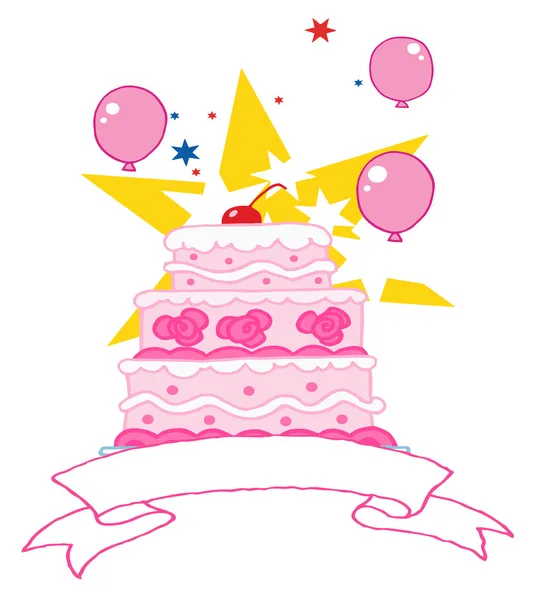 Bolo de aniversário rosa com uma cereja, estrela e balões — Fotografia de Stock