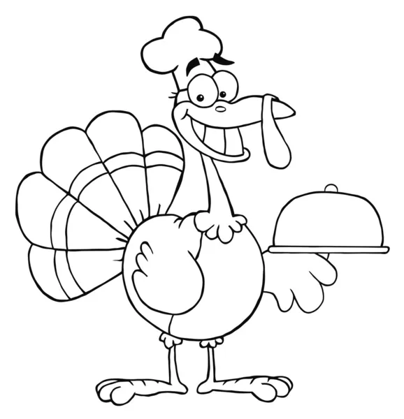 Outlined Happy Turkey Chef Serving A Platter