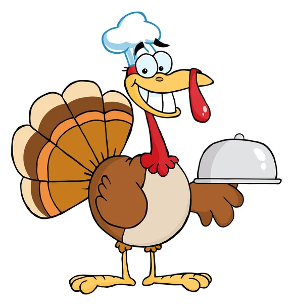 感謝祭トルコ鳥シェフ大皿を保持 — ストック写真
