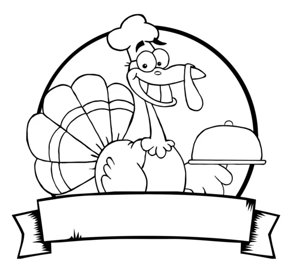 Outlined Turkey Chef Serving A Platter Over A Circle And Blank — Stock Photo, Image