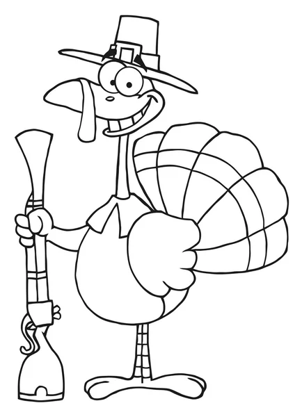 Coloring Page Outline Hunting Thanksgiving Pilgrim Turkey Bird Musket — Stock Photo, Image