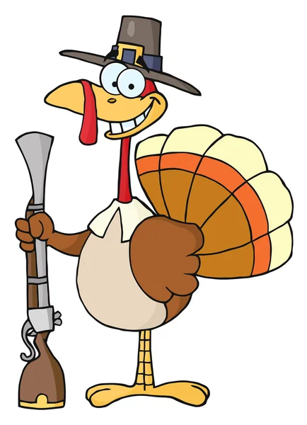 Happy Turkey With Pilgrim Hat and Musket — Stock Photo, Image