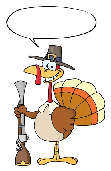 Happy Turkey Pilgrim Hat Musket Speech Bubble — Stock Photo, Image