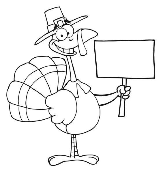 Coloring Page Outline Thanksgiving Pilgrim Turkey Bird Holding Blank Sign — Stock Photo, Image