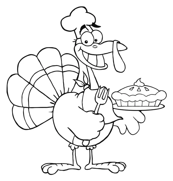 Färg Sida Konturerna Thanksgiving Turkiet Fågel Hålla Paj — Stockfoto