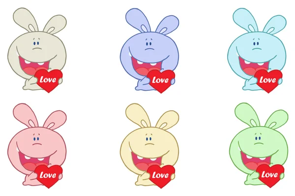 Digitala Collage Färgglada Kaniner Håller Love Hjärtan — Stockfoto