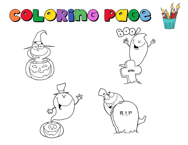 Collage Digital Caracteres Halloween Para Colorear Contornos Página — Foto de Stock