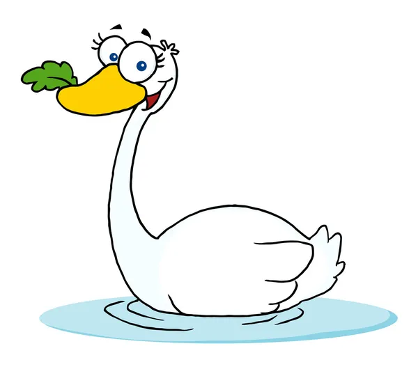 Simning Swan Med Ett Blad Näbben — Stockfoto