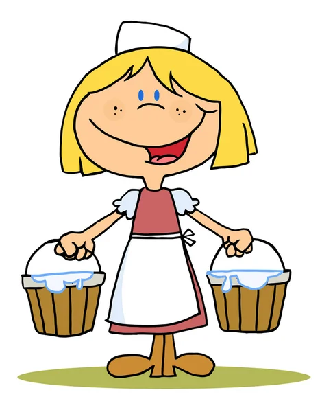 Friendly Blond Maid Carrying Milk Buckets — Stock Photo, Image