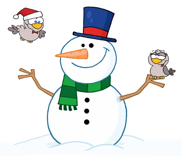 Счастливый снеговик с птицами — стоковое фото
