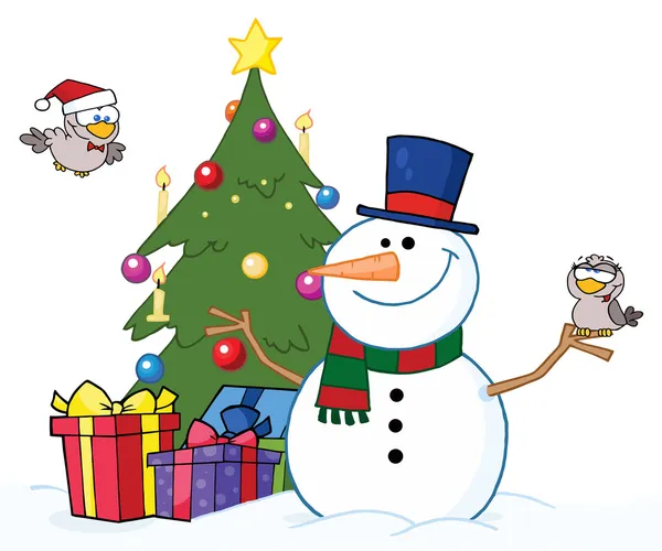 Freundlicher Schneemann Mit Zwei Niedlichen Vögeln Und Weihnachtsbaum — Stockfoto